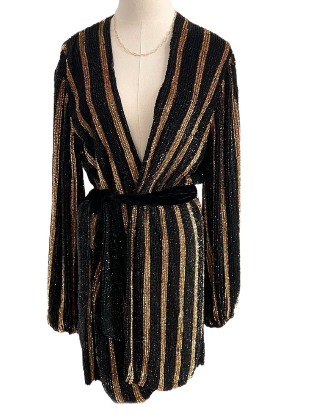 Retrofête Black & Gold Striped Gabriella Robe Sequin Wrap Dress